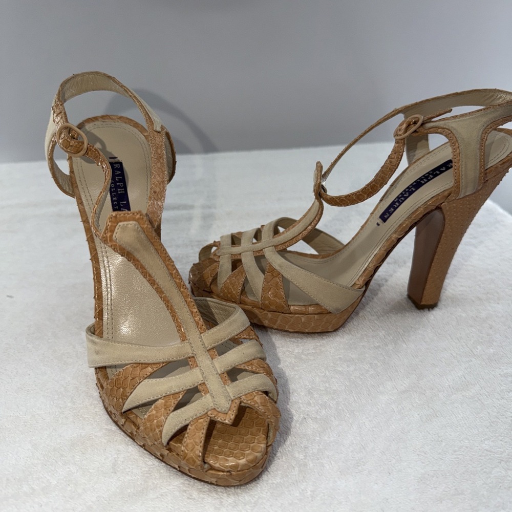 Ralph Lauren Purple Collection Sasha T-strap Sandal Blonde Suede/Snakeskin 7B